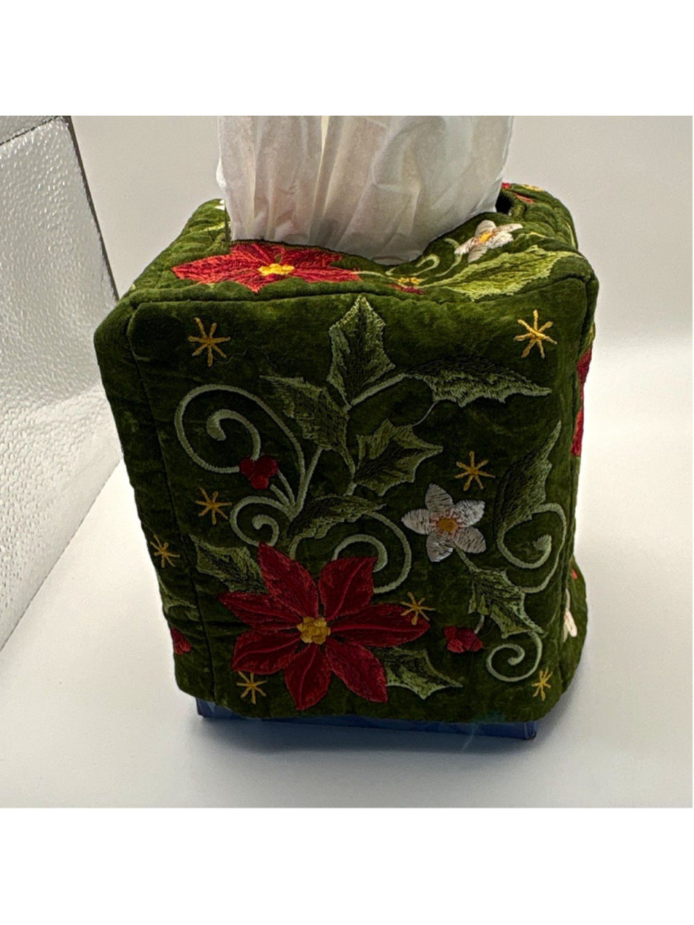 Embroidered Fabric Tissue Box Cover Square Green Poinsettia Holly Christmas